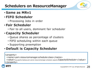 28Copyright©2014 NTT corp. All Rights Reserved.
Schedulers on ResourceManager
• Same as MRv1
• FIFO Scheduler
• Processing Jobs in order
• Fair Scheduler
• Fair to all users, dominant fair scheduler
• Capacity Scheduler
• Queue shares as percentage of clusters
• FIFO scheduling within each queue
• Supporting preemption
• Default is Capacity Scheduler
<property>
<name>yarn.resourcemanager.scheduler.class</name>
<value>org.apache.hadoop.yarn.server.resourcemanager.scheduler.capacity.CapacityScheduler</value>
</property>
 
