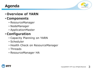3Copyright©2014 NTT corp. All Rights Reserved.
• Overview of YARN
• Components
• ResourceManager
• NodeManager
• ApplicationMaster
• Configuration
• Capacity Planning on YARN
• Scheduler
• Health Check on ResourceManager
• Threads
• ResourceManager HA
Agenda
 