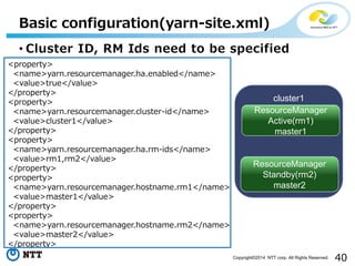 40Copyright©2014 NTT corp. All Rights Reserved.
cluster1
• Cluster ID, RM Ids need to be specified
Basic configuration(yarn-site.xml)
<property>
<name>yarn.resourcemanager.ha.enabled</name>
<value>true</value>
</property>
<property>
<name>yarn.resourcemanager.cluster-id</name>
<value>cluster1</value>
</property>
<property>
<name>yarn.resourcemanager.ha.rm-ids</name>
<value>rm1,rm2</value>
</property>
<property>
<name>yarn.resourcemanager.hostname.rm1</name>
<value>master1</value>
</property>
<property>
<name>yarn.resourcemanager.hostname.rm2</name>
<value>master2</value>
</property>
ResourceManager
Active(rm1)
master1
ResourceManager
Standby(rm2)
master2
 