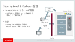 Copyright © 2016 Oracle and/or its affiliates. All rights reserved. |
Security Level 2：Kerberos認証
• Kerberos,LDAPによるユーザ認証
...