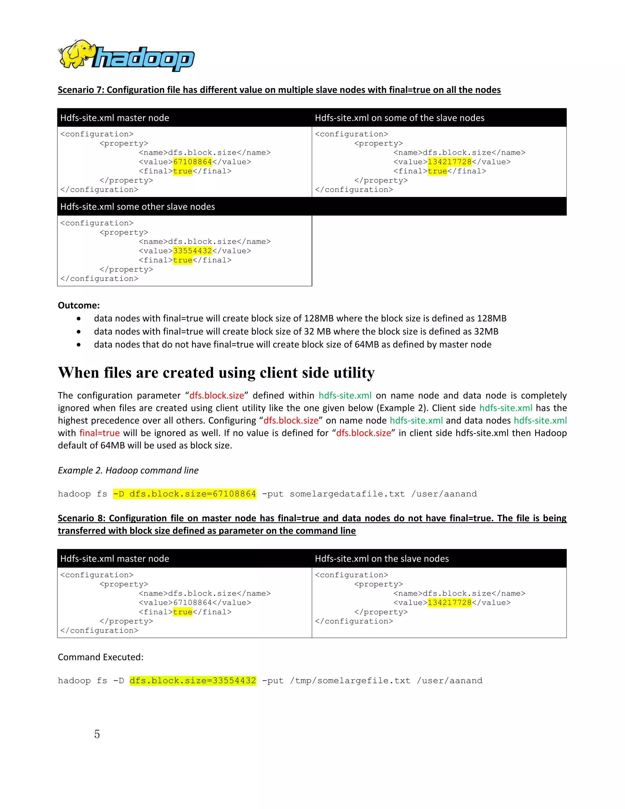 Scenario 7: Configuration file has different value on multiple slave nodes with final=true on all the nodes
Hdfs-site.xml master node

Hdfs-site.xml on some of the slave nodes

<configuration>
<property>
<name>dfs.block.size</name>
<value>67108864</value>
<final>true</final>
</property>
</configuration>

<configuration>
<property>
<name>dfs.block.size</name>
<value>134217728</value>
<final>true</final>
</property>
</configuration>

Hdfs-site.xml some other slave nodes
<configuration>
<property>
<name>dfs.block.size</name>
<value>33554432</value>
<final>true</final>
</property>
</configuration>

Outcome:
 data nodes with final=true will create block size of 128MB where the block size is defined as 128MB
 data nodes with final=true will create block size of 32 MB where the block size is defined as 32MB
 data nodes that do not have final=true will create block size of 64MB as defined by master node

When files are created using client side utility
The configuration parameter “dfs.block.size” defined within hdfs-site.xml on name node and data node is completely
ignored when files are created using client utility like the one given below (Example 2). Client side hdfs-site.xml has the
highest precedence over all others. Configuring “dfs.block.size” on name node hdfs-site.xml and data nodes hdfs-site.xml
with final=true will be ignored as well. If no value is defined for “dfs.block.size” in client side hdfs-site.xml then Hadoop
default of 64MB will be used as block size.
Example 2. Hadoop command line
hadoop fs -D dfs.block.size=67108864 -put somelargedatafile.txt /user/aanand

Scenario 8: Configuration file on master node has final=true and data nodes do not have final=true. The file is being
transferred with block size defined as parameter on the command line
Hdfs-site.xml master node

Hdfs-site.xml on the slave nodes

<configuration>
<property>
<name>dfs.block.size</name>
<value>67108864</value>
<final>true</final>
</property>
</configuration>

<configuration>
<property>
<name>dfs.block.size</name>
<value>134217728</value>
</property>
</configuration>

Command Executed:
hadoop fs -D dfs.block.size=33554432 -put /tmp/somelargefile.txt /user/aanand

5

 