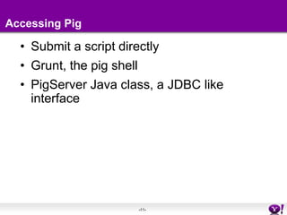 Accessing PigSubmit a script directlyGrunt, the pig shellPigServer Java class, a JDBC like interface
