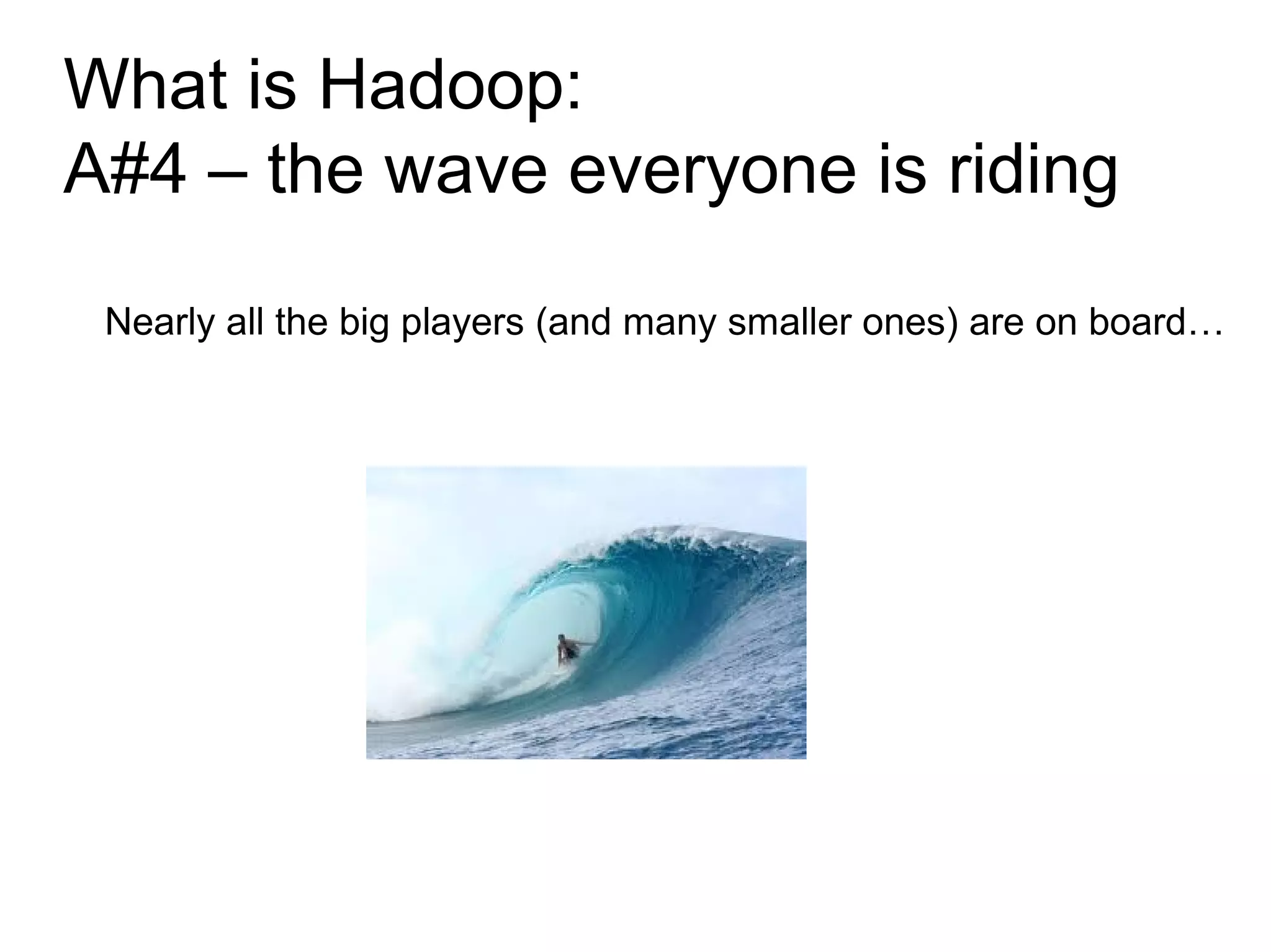 What is Hadoop:
A#4 – the wave everyone is riding

 Nearly all the big players (and many smaller ones) are on board…
 