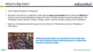www.edureka.in/hadoopSlide 4
 Lots of Data (Terabytes or Petabytes)
 Big data is the term for a collection of data sets so large and complex that it becomes difficult to
process using on-hand database management tools or traditional data processing applications. The
challenges include capture, curation, storage, search, sharing, transfer, analysis, and visualization.
 Systems / Enterprises generate huge amount of data from Terabytes to and even Petabytes of
information.
NYSE generates about one terabyte of new trade data
per day to Perform stock trading analytics to determine
trends for optimal trades.
What Is Big Data?
 