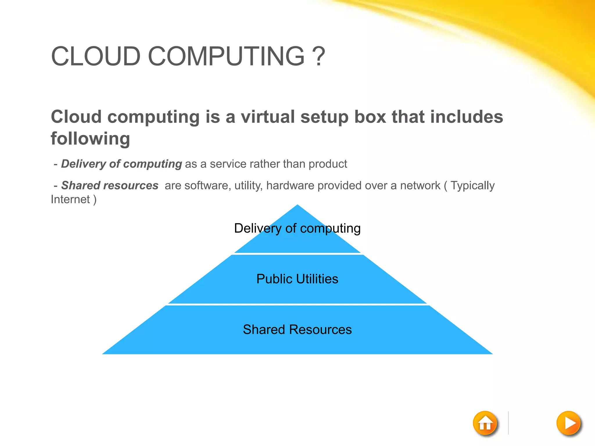 CLOUD COMPUTING ?

Cloud computing is a virtual setup box that includes
following
- Delivery of computing as a service rather than product
 - Shared resources are software, utility, hardware provided over a network ( Typically
Internet )

                                   Delivery of computing


                                        Public Utilities


                                     Shared Resources
 