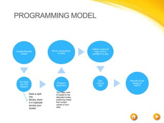 PROGRAMMING MODEL



                                                       Gather output of
Create/Allocate                  Move computation       map, sort or
    cluster                          to Data           partition on key




   Put Data                                                  Run          Results of job
                                    Program                reduce          stored on
   into File
                                    Execution               task             HDFS
   System

                                    Your Map code
               Data is split        is copied to the
               into                 allocated nodes,
               blocks, store        preferring nodes
               d in triplicate      that contain
               across your          copies of your
                                    data
               cluster
 