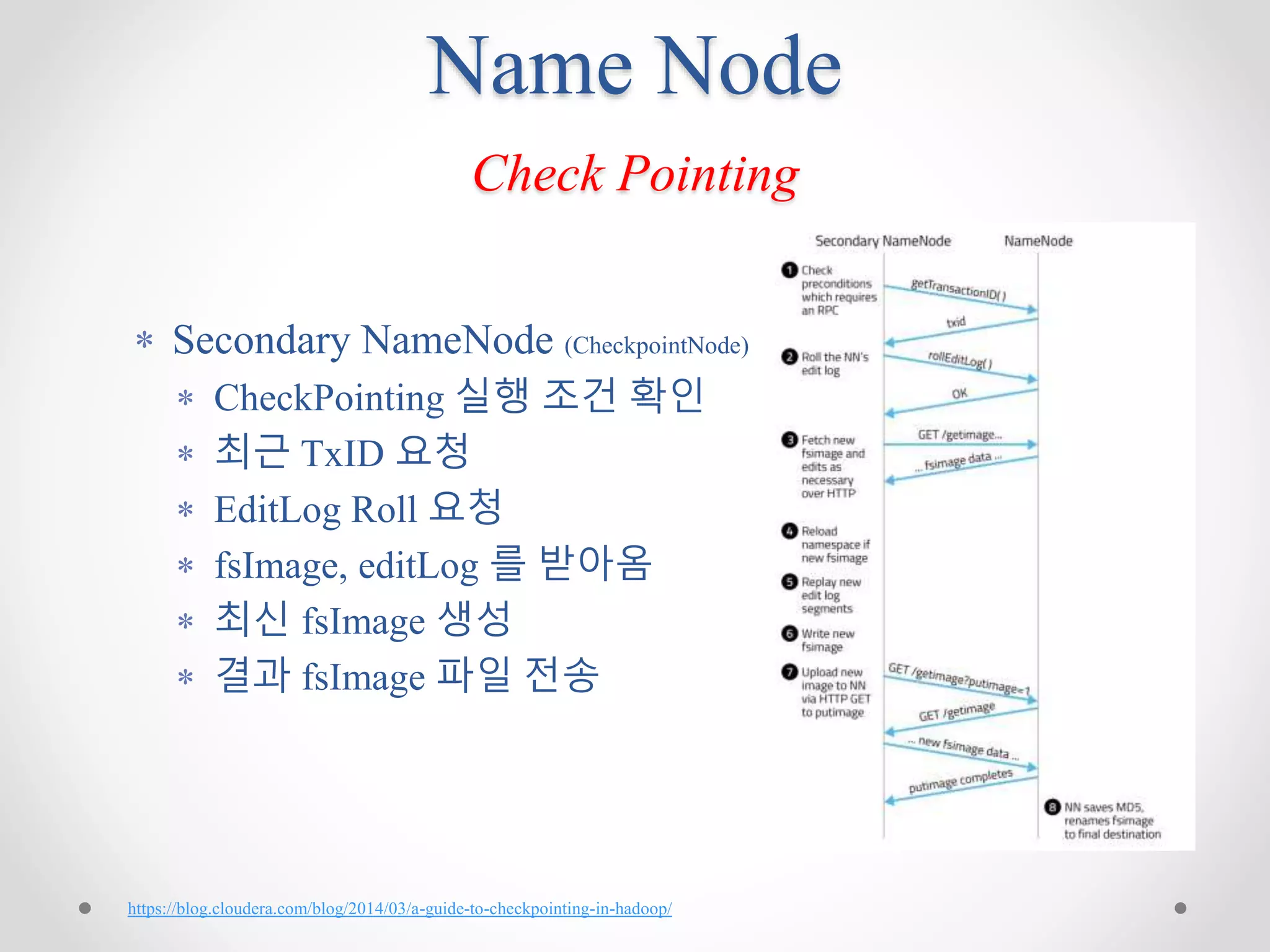 Name Node
Check Pointing
 Secondary NameNode (CheckpointNode)
 CheckPointing 실행 조건 확인
 최근 TxID 요청
 EditLog Roll 요청
 fsImage, editLog 를 받아옴
 최신 fsImage 생성
 결과 fsImage 파일 전송
https://blog.cloudera.com/blog/2014/03/a-guide-to-checkpointing-in-hadoop/
 