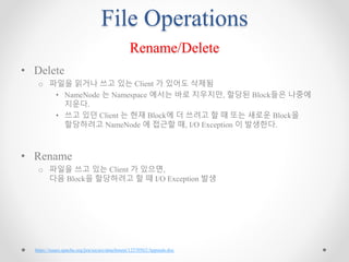 File Operations
Rename/Delete
• Delete
o 파일을 읽거나 쓰고 있는 Client 가 있어도 삭제됨
• NameNode 는 Namespace 에서는 바로 지우지만, 할당된 Block들은 나중에
지운다.
• 쓰고 있던 Client 는 현재 Block에 더 쓰려고 할 때 또는 새로운 Block을
할당하려고 NameNode 에 접근할 때, I/O Exception 이 발생한다.
• Rename
o 파일을 쓰고 있는 Client 가 있으면,
다음 Block을 할당하려고 할 때 I/O Exception 발생
https://issues.apache.org/jira/secure/attachment/12370562/Appends.doc
 