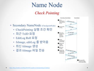 Name Node
Check Pointing
 Secondary NameNode (CheckpointNode)
 CheckPointing 실행 조건 확인
 최근 TxID 요청
 EditLog Roll 요청
 fsImage, editLog 를 받아옴
 최신 fsImage 생성
 결과 fsImage 파일 전송
https://blog.cloudera.com/blog/2014/03/a-guide-to-checkpointing-in-hadoop/
 