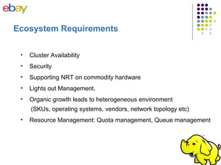 • Cluster Availability
• Security
• Supporting NRT on commodity hardware
• Lights out Management.
• Organic growth leads to heterogeneous environment
(SKUs, operating systems, vendors, network topology etc)
• Resource Management: Quota management, Queue management
Ecosystem Requirements
 