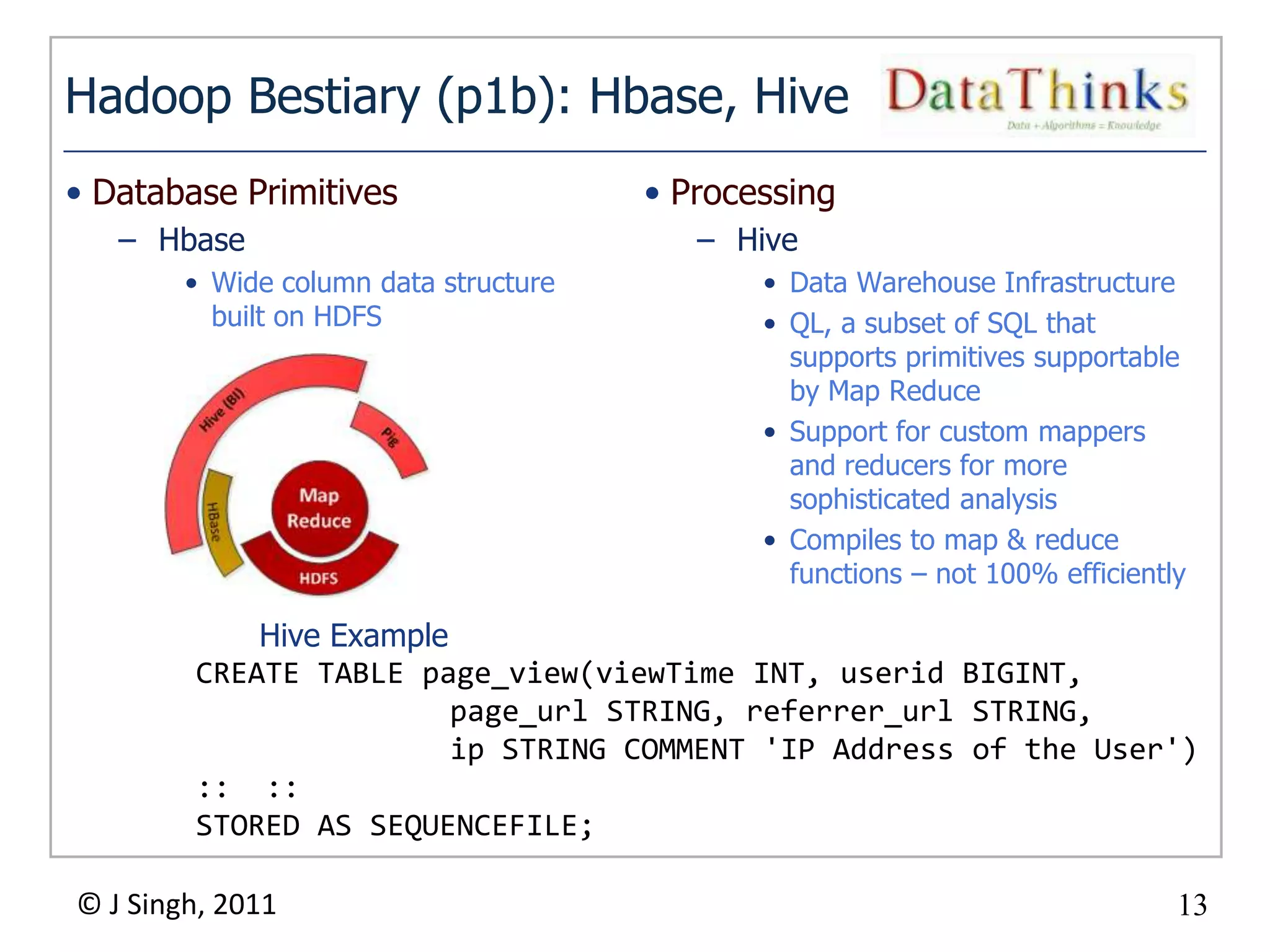 Hadoop Bestiary (p1b): Hbase, Hive
• Database Primitives                   • Processing
   – Hbase                                  – Hive
        • Wide column data structure           • Data Warehouse Infrastructure
          built on HDFS                        • QL, a subset of SQL that
                                                 supports primitives supportable
                                                 by Map Reduce
                                               • Support for custom mappers
                                                 and reducers for more
                                                 sophisticated analysis
                                               • Compiles to map & reduce
                                                 functions – not 100% efficiently

            Hive Example
        CREATE TABLE page_view(viewTime INT, userid BIGINT,
                         page_url STRING, referrer_url STRING,
                         ip STRING COMMENT 'IP Address of the User')
        :: ::
        STORED AS SEQUENCEFILE;

© J Singh, 2011                                                                 13
                                       13
 