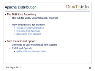 Apache Distribution
• The Definitive Repository
   – The hub for Code, Documentation, Tutorials

   – Many contributors, for example
        • Pig was a Yahoo! Contribution
        • Hive came from Facebook
        • Sqoop came from Cloudera


• Bare metal install option:
   – Download to your machine(s) from Apache
   – Install and Operate
        • Modify to fit your business better




© J Singh, 2011                                     18
                                               18
 