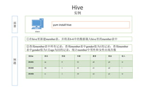 Hive 
实例 
部 
署 
iClient 
yum install hive 
例 
题 
①在hive里新建member表，并将表6-6中的数据载入hive里的member表中 
②查询member表中所有记录；查询member表中gender值为1的记录；查询member 
表中gender值为1且age为22的记录；统计member中男性和女性出现次数 
身份id 姓名性别年龄教育职业收入 
201401 aa 0 21 e0 p3 m 
201402 bb 1 22 e1 p2 l 
201403 cc 1 23 e2 p1 m 
 