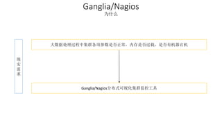 Ganglia/Nagios 
为什么 
现 
实 
需 
求 
大数据处理过程中集群各项参数是否正常，内存是否过载，是否有机器宕机 
Ganglia/Nagios分布式可视化集群监控工具 
 