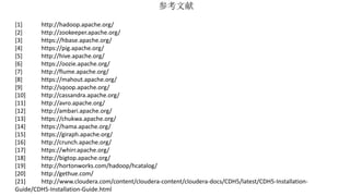 参考文献 
[1] http://hadoop.apache.org/ 
[2] http://zookeeper.apache.org/ 
[3] https://hbase.apache.org/ 
[4] https://pig.apache.org/ 
[5] http://hive.apache.org/ 
[6] https://oozie.apache.org/ 
[7] http://flume.apache.org/ 
[8] https://mahout.apache.org/ 
[9] http://sqoop.apache.org/ 
[10] http://cassandra.apache.org/ 
[11] http://avro.apache.org/ 
[12] http://ambari.apache.org/ 
[13] https://chukwa.apache.org/ 
[14] https://hama.apache.org/ 
[15] https://giraph.apache.org/ 
[16] http://crunch.apache.org/ 
[17] https://whirr.apache.org/ 
[18] http://bigtop.apache.org/ 
[19] http://hortonworks.com/hadoop/hcatalog/ 
[20] http://gethue.com/ 
[21] http://www.cloudera.com/content/cloudera-content/cloudera-docs/CDH5/latest/CDH5-Installation- 
Guide/CDH5-Installation-Guide.html 
 