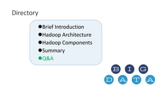 Directory 
Brief Introduction 
Hadoop Architecture 
Hadoop Components 
Summary 
Q&A 

