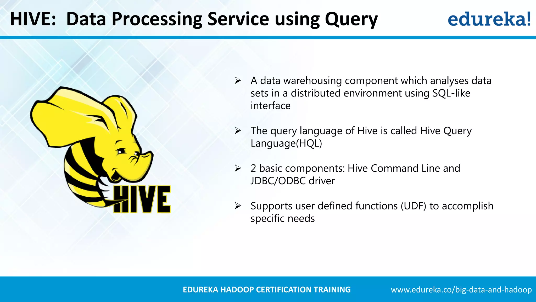 www.edureka.co/big-data-and-hadoopEDUREKA HADOOP CERTIFICATION TRAINING HIVE: Data Processing Service using Query  A data warehousing component which analyses data sets in a distributed environment using SQL-like interface  The query language of Hive is called Hive Query Language(HQL)  2 basic components: Hive Command Line and JDBC/ODBC driver  Supports user defined functions (UDF) to accomplish specific needs 