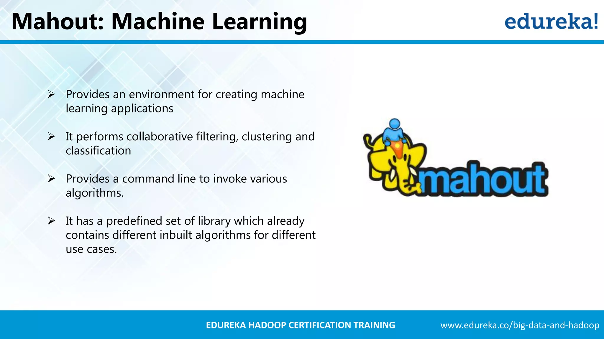 www.edureka.co/big-data-and-hadoopEDUREKA HADOOP CERTIFICATION TRAINING Mahout: Machine Learning  Provides an environment for creating machine learning applications  It performs collaborative filtering, clustering and classification  Provides a command line to invoke various algorithms.  It has a predefined set of library which already contains different inbuilt algorithms for different use cases. 
