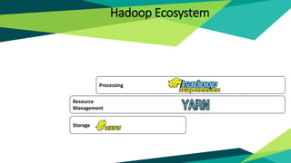 Resource
Management
Processing
Storage
Hadoop Ecosystem
 