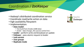 Coordination / ZooKeeper
• Hadoop’s distributed coordination service
• Coordinate read/write action on data
• high availability filesystem
• Implementation:
• Data model:
• Tree build from Znodes (1MB data)
• Znode – data changes, ACL (access control list )
• Leader - perform write and broadcast an update
• Follower – pass atomic request to leader
• Lock service
• User groups
• Replicate mode
 