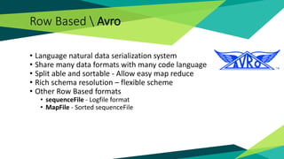 Row Based  Avro
• Language natural data serialization system
• Share many data formats with many code language
• Split able and sortable - Allow easy map reduce
• Rich schema resolution – flexible scheme
• Other Row Based formats
• sequenceFile - Logfile format
• MapFile - Sorted sequenceFile
 