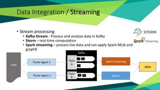 Data Integration / Streaming
• Stream processing
• Kafka Stream - Process and analyze data in Kafka
• Storm – real-time computation
• Spark streaming – process live data and can apply Spark MLib and
graphX
Flume Agent 1
Data
Kafka
Spark Streaming
Flume Agent 2 Storm
Topic
A
Topic
B
HDFS
1
1
1
2
2
 