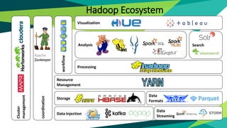 Data
Streaming
Analysis
Data Injection
Resource
Management
coordination
Processing
workflow
Visualization
Cluster
management
Storage
Search
Data
Formats
Hadoop Ecosystem
 