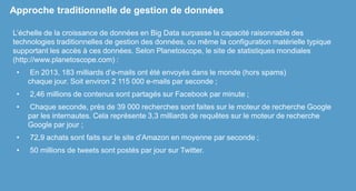 L’échelle de la croissance de données en Big Data surpasse la capacité raisonnable des
technologies traditionnelles de gestion des données, ou même la configuration matérielle typique
supportant les accès à ces données. Selon Planetoscope, le site de statistiques mondiales
(http://www.planetoscope.com) :
• En 2013, 183 milliards d’e-mails ont été envoyés dans le monde (hors spams)
chaque jour. Soit environ 2 115 000 e-mails par seconde ;
• 2,46 millions de contenus sont partagés sur Facebook par minute ;
• Chaque seconde, près de 39 000 recherches sont faites sur le moteur de recherche Google
par les internautes. Cela représente 3,3 milliards de requêtes sur le moteur de recherche
Google par jour ;
• 72,9 achats sont faits sur le site d’Amazon en moyenne par seconde ;
• 50 millions de tweets sont postés par jour sur Twitter.
Approche traditionnelle de gestion de données
 
