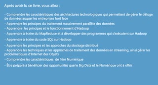 Après avoir lu ce livre, vous allez :
- Comprendre les caractéristiques des architectures technologiques qui permettent de gérer le déluge
de données auquel les entreprises font face
- Apprendre les principes du traitement massivement parallèle des données
- Apprendre les principes et le fonctionnement d’Hadoop
- Apprendre à écrire du MapReduce et à développer des programmes qui s’exécutent sur Hadoop
- Apprendre à écrire du code SQL sur Hadoop
- Apprendre les principes et les approches du stockage distribué
- Apprendre les techniques et les approches de traitement des données en streaming, ainsi gérer les
problématiques d’Internet des Objets
- Comprendre les caractéristiques de l’ère Numérique
- Être préparé à bénéficier des opportunités que le Big Data et le Numérique ont à offrir
 
