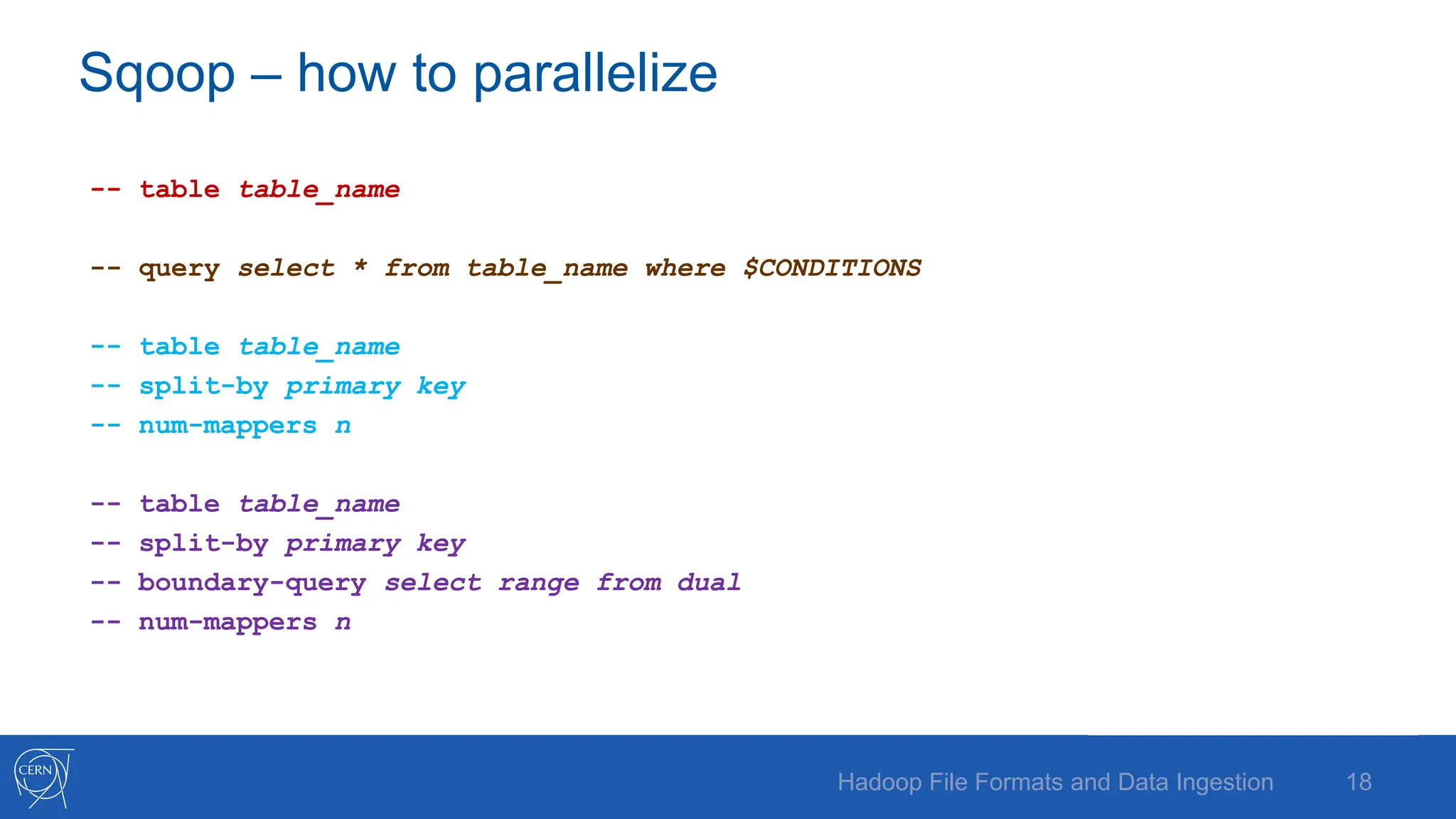 Sqoop – how to parallelize
-- table table_name
-- query select * from table_name where $CONDITIONS
-- table table_name
-- split-by primary key
-- num-mappers n
-- table table_name
-- split-by primary key
-- boundary-query select range from dual
-- num-mappers n
18
Hadoop File Formats and Data Ingestion
 