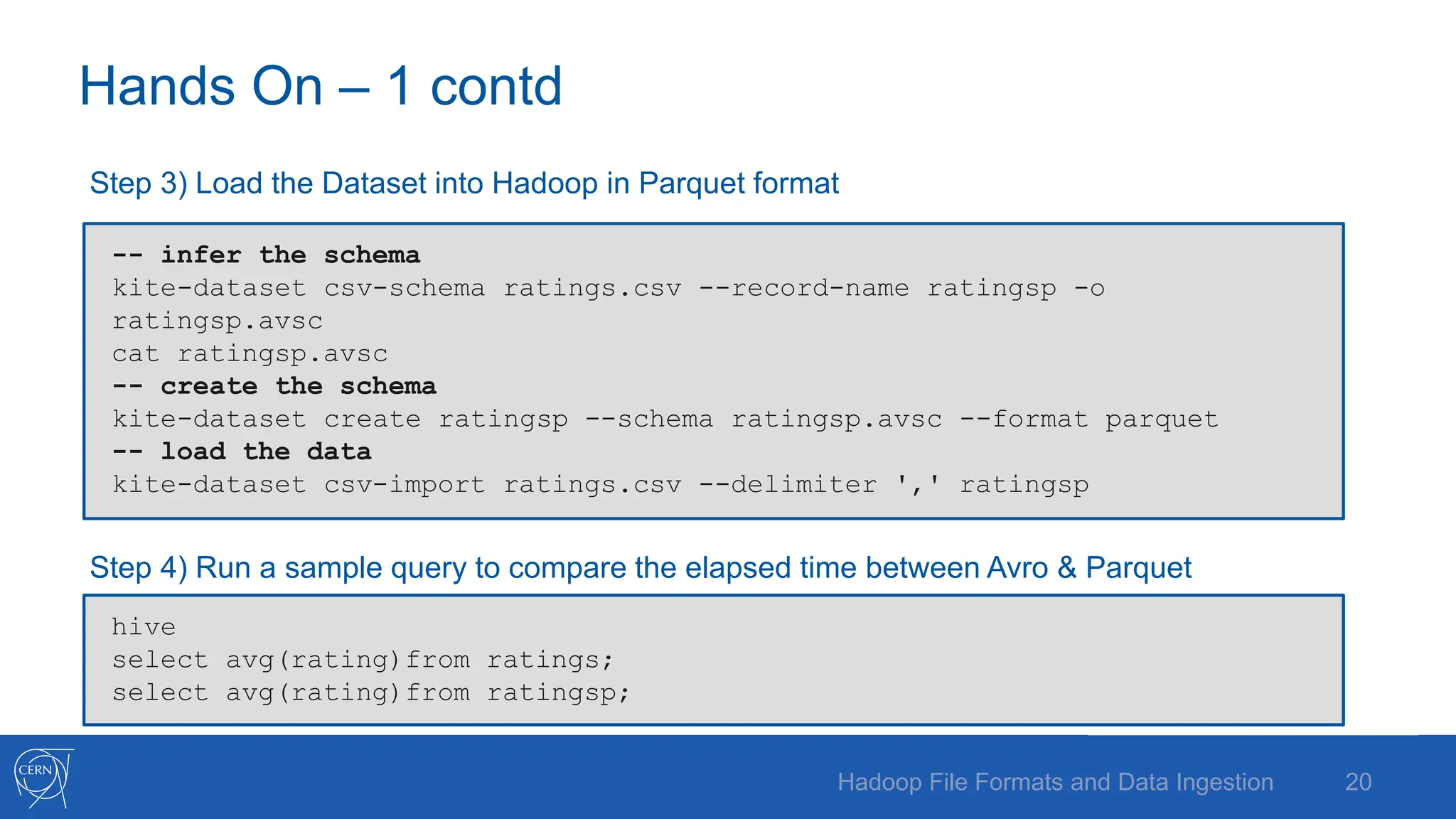 Hands On – 1 contd
Step 3) Load the Dataset into Hadoop in Parquet format
Step 4) Run a sample query to compare the elapsed time between Avro & Parquet
Hadoop File Formats and Data Ingestion 20
-- infer the schema
kite-dataset csv-schema ratings.csv --record-name ratingsp -o
ratingsp.avsc
cat ratingsp.avsc
-- create the schema
kite-dataset create ratingsp --schema ratingsp.avsc --format parquet
-- load the data
kite-dataset csv-import ratings.csv --delimiter ',' ratingsp
hive
select avg(rating)from ratings;
select avg(rating)from ratingsp;
 