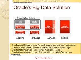http://www.oracle.com/technetwork/database/focus-areas/bi-datawarehousing/wp-big-data-with-oracle-
   521209.pdf?ssSourceSiteId=ocomen




   Oracle’s Big Data Solution




• Oracle sees Hadoop is good for unstructured sourcing and map reduce.
• It recommends to use Oracle database for the final analyze stage
• Oracle Data Integrator can make Hive queries (ETL)
• Oracle has a wrapper on top of sqoop which is called Oraoop (see
references)
                                            Rajesh.nadipalli@gmail.com
 