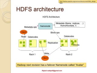 http://hadoop.apache.org/common/docs/current/hdfs_design.
                                             html




HDFS architecture




Hadoop next revision has a failover Namenode called “Avatar”

                      Rajesh.nadipalli@gmail.com
 