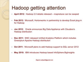 Hadoop getting attention
•   Feb 2012: Microsoft, Hortonworks in partnership to develop Excel
    plug-in for Hadoop


•   Jan 2012: Oracle announces Big Data Appliance with Cloudera’s
    Hadoop distribution


•   Dec 2011: EMC released Unified Analytics Platform which includes
    Greenplum Apache Hadoop distribution


•   Oct 2011: Microsoft plans to add Hadoop support to SQL server 2012

•   May 2010: IBM introduces Hadoop based InfoSphereBigInsights




                          Rajesh.nadipalli@gmail.com
 
