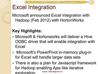 http://www.youtube.com/watch?v=KZe1UugxXcs&feature=player_emb
                                               edded



       Pentaho Data Integration
                                              Build Reducer
                                          2




1   Build
    Mapper




                 Run Map
             3
                 Reduce




                           Rajesh.nadipalli@gmail.com
 