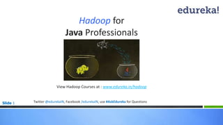 Slide 1
Hadoop for
Java Professionals
View Hadoop Courses at : www.edureka.in/hadoop
*
Twitter @edurekaIN, Facebook /edurekaIN, use #AskEdureka for Questions
 