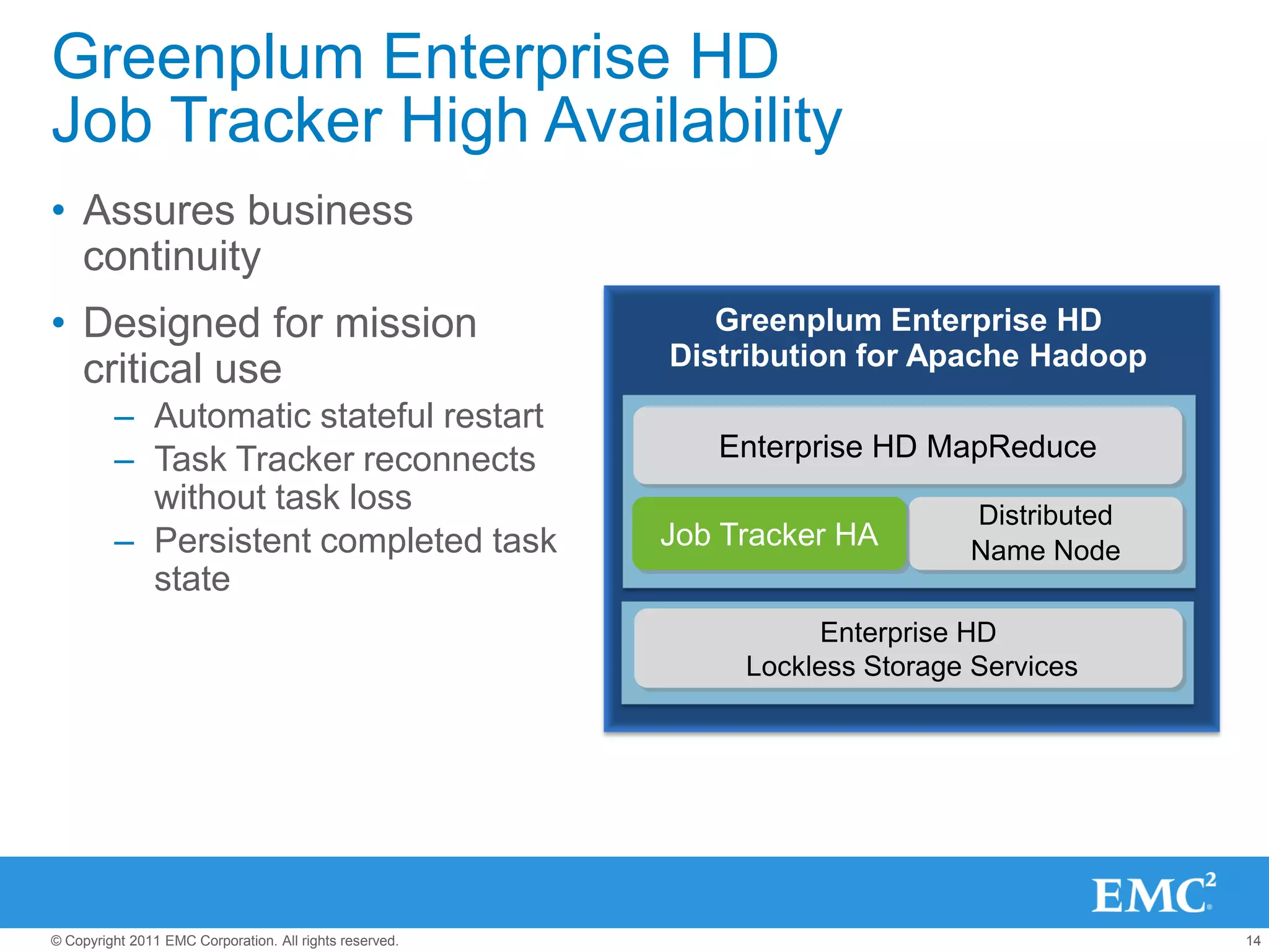 Greenplum Enterprise HD
Job Tracker High Availability
• Assures business
  continuity
• Designed for mission                                      Greenplum Enterprise HD
                                                         Distribution for Apache Hadoop
  critical use
         – Automatic stateful restart
         – Task Tracker reconnects                          Enterprise HD MapReduce
           without task loss                                                  Distributed
         – Persistent completed task                     Job Tracker HA       Name Node
           state
                                                                    Enterprise HD
                                                              Lockless Storage Services




© Copyright 2011 EMC Corporation. All rights reserved.                                      14
 