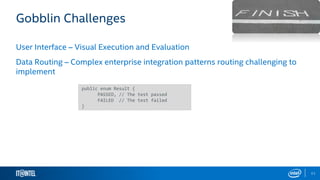 11
Gobblin Challenges
User Interface – Visual Execution and Evaluation
Data Routing – Complex enterprise integration patterns routing challenging to
implement
public enum Result {
PASSED, // The test passed
FAILED // The test failed
}
 