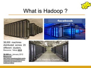 What is Hadoop ?



 Yahoo Hadoop Cluster
38,000 machines
distributed across 20
different clusters.
Recource : Yahoo 2010

50,000 m : January 2012
Resource
http://www.computerworlduk.com/in-
depth/applications/3329092/hadoop-   SGI Hadoop Cluster
could-save-you-money-over-a-
traditional-rdbms/
 
