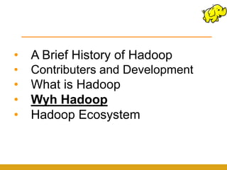 •   A Brief History of Hadoop
•   Contributers and Development
•   What is Hadoop
•   Wyh Hadoop
•   Hadoop Ecosystem
 