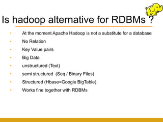 Is hadoop alternative for RDBMs ?
 •   At the moment Apache Hadoop is not a substitute for a database
 •   No Relation
 •   Key Value pairs
 •   Big Data
 •   unstructured (Text)
 •   semi structured (Seq / Binary Files)
 •   Structured (Hbase=Google BigTable)
 •   Works fine together with RDBMs
 