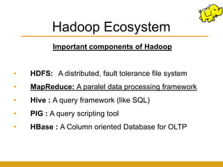 Hadoop Ecosystem
           Important components of Hadoop


•   HDFS: A distributed, fault tolerance file system
•   MapReduce: A paralel data processing framework
•   Hive : A query framework (like SQL)
•   PIG : A query scripting tool
•   HBase : A Column oriented Database for OLTP
 