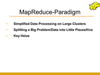 MapReduce-Paradigm
•   Simplified Data Processing on Large Clusters
•   Splitting a Big Problem/Data into Little PiecesHive
•   Key-Value
 