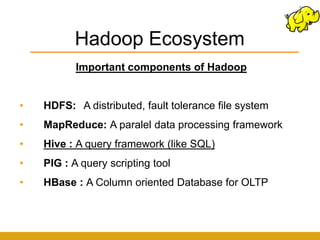 Hadoop Ecosystem
           Important components of Hadoop


•   HDFS: A distributed, fault tolerance file system
•   MapReduce: A paralel data processing framework
•   Hive : A query framework (like SQL)
•   PIG : A query scripting tool
•   HBase : A Column oriented Database for OLTP
 