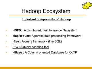 Hadoop Ecosystem
           Important components of Hadoop


•   HDFS: A distributed, fault tolerance file system
•   MapReduce: A paralel data processing framework
•   Hive : A query framework (like SQL)
•   PIG : A query scripting tool
•   HBase : A Column oriented Database for OLTP
 