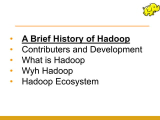 •   A Brief History of Hadoop
•   Contributers and Development
•   What is Hadoop
•   Wyh Hadoop
•   Hadoop Ecosystem
 