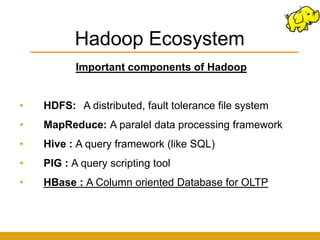 Hadoop Ecosystem
           Important components of Hadoop


•   HDFS: A distributed, fault tolerance file system
•   MapReduce: A paralel data processing framework
•   Hive : A query framework (like SQL)
•   PIG : A query scripting tool
•   HBase : A Column oriented Database for OLTP
 