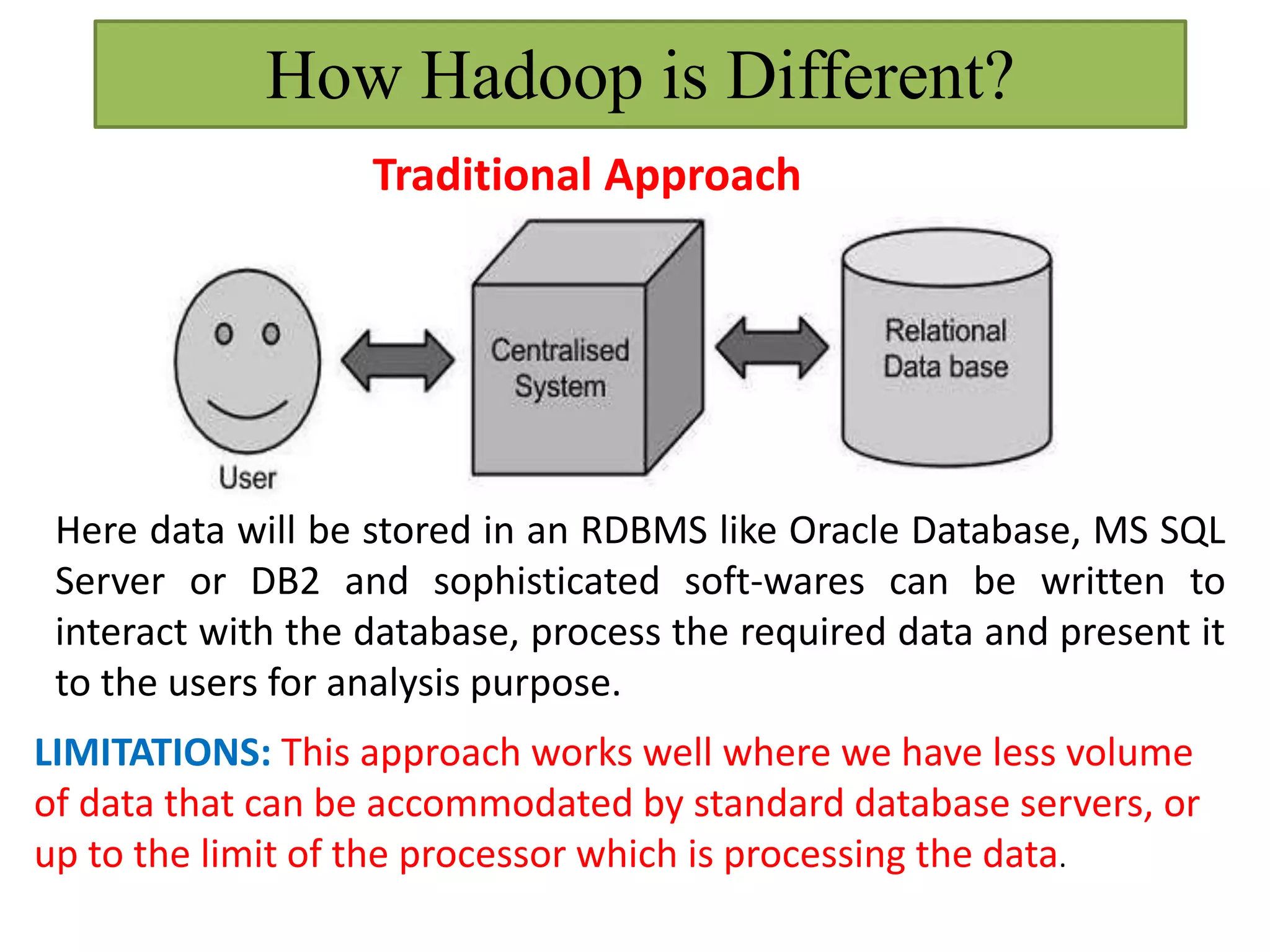 How Hadoop is Different?
Traditional Approach
Here data will be stored in an RDBMS like Oracle Database, MS SQL
Server or DB2 and sophisticated soft-wares can be written to
interact with the database, process the required data and present it
to the users for analysis purpose.
LIMITATIONS: This approach works well where we have less volume
of data that can be accommodated by standard database servers, or
up to the limit of the processor which is processing the data.
 