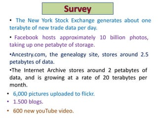 • The New York Stock Exchange generates about one
terabyte of new trade data per day.
• Facebook hosts approximately 10 billion photos,
taking up one petabyte of storage.
•Ancestry.com, the genealogy site, stores around 2.5
petabytes of data.
•The Internet Archive stores around 2 petabytes of
data, and is growing at a rate of 20 terabytes per
month.
• 6,000 pictures uploaded to flickr.
• 1.500 blogs.
• 600 new youTube video.
 