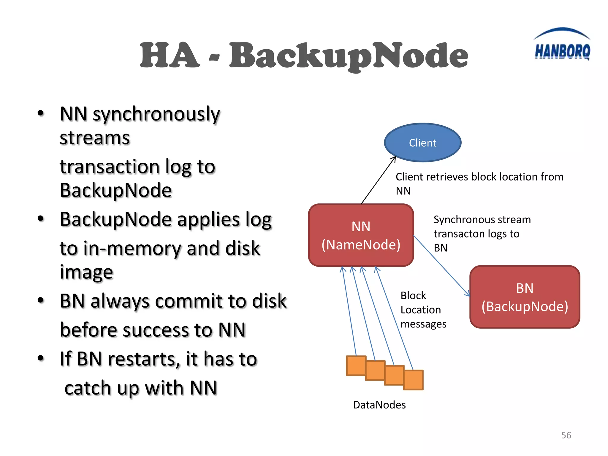 HA - BackupNode
• NN synchronously
  streams                                    Client

  transaction log to                    Client retrieves block location from
  BackupNode                            NN

• BackupNode applies log          NN
                                                  Synchronous stream
                                                  transacton logs to
  to in-memory and disk       (NameNode)          BN

  image
                                                               BN
• BN always commit to disk               Block
                                         Location         (BackupNode)
                                         messages
  before success to NN
• If BN restarts, it has to
   catch up with NN
                                 DataNodes

                                                                           56
 